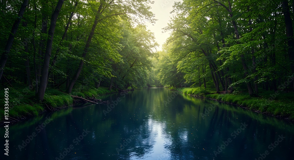 Obraz premium Serene river flowing through lush green forest with sunlight filtering through