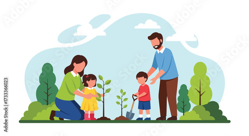 Adobe illustrator artwork vector illustration. A happy family, a father, mother, son, and daughter, plant a tree together in a park with a city and mountains in the background, promoting environmental