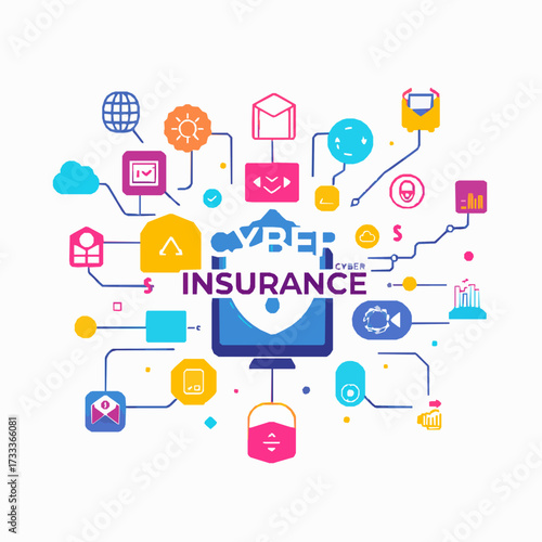 Computer screen with cyber insurance shield and a network of colorful digital icons for online security and data protection