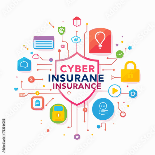 Cyber insurance shield with colorful digital icons representing online security, data protection, and communication