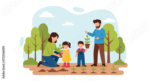 Adobe illustrator artwork vector illustration. A happy family, a father, mother, son, and daughter, plant a tree together in a park with a city and mountains in the background, promoting environmental
