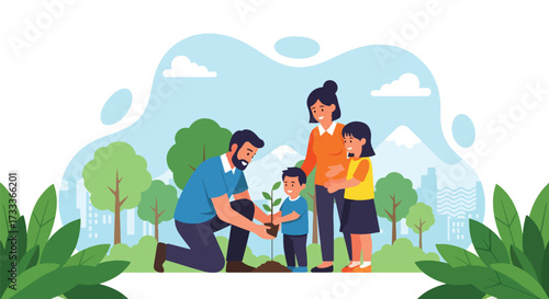 Adobe illustrator artwork vector illustration. A happy family, a father, mother, son, and daughter, plant a tree together in a park with a city and mountains in the background, promoting environmental