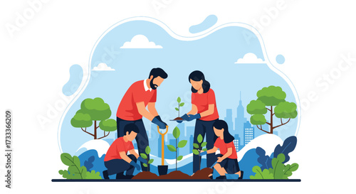 Adobe illustrator artwork vector illustration. A happy family, a father, mother, son, and daughter, plant a tree together in a park with a city and mountains in the background, promoting environmental