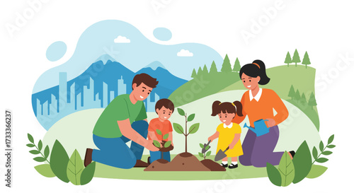 Adobe illustrator artwork vector illustration. A happy family, a father, mother, son, and daughter, plant a tree together in a park with a city and mountains in the background, promoting environmental