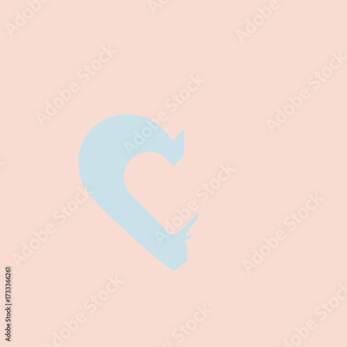 Abstract graphic design with a stylized light blue heart-like shape against a soft peach background, symbolizing love and simplicity
