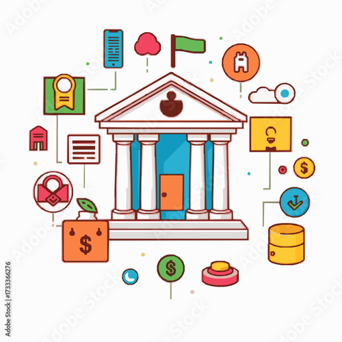 Bank building with surrounding icons representing financial services and digital concepts 