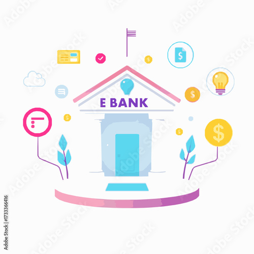 E-bank building with financial icons and a gradient base 