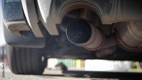 Extreme close-up video of a grimy, rusted car exhaust pipe forcefully expelling thick white/grey smoke against a soft bokeh vehicle background. Visual impact of air pollution