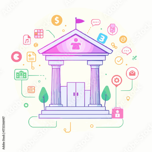 Bank Building with Digital Icons and Symbols in a Circular Network on White Background financial institution