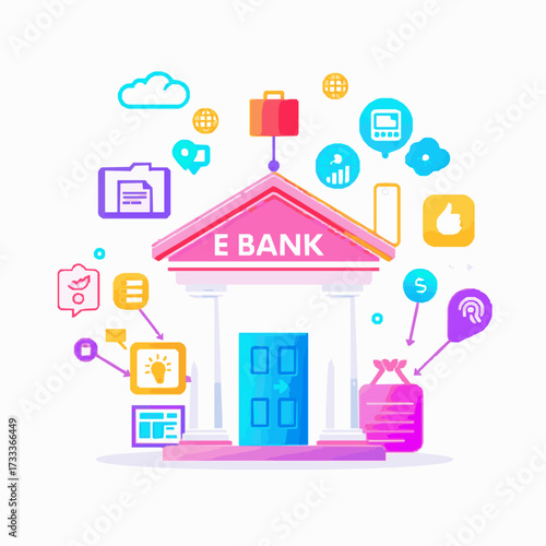 E Bank Building Surrounded by Digital Icons and Cloud Symbols on White Background digital banking online banking