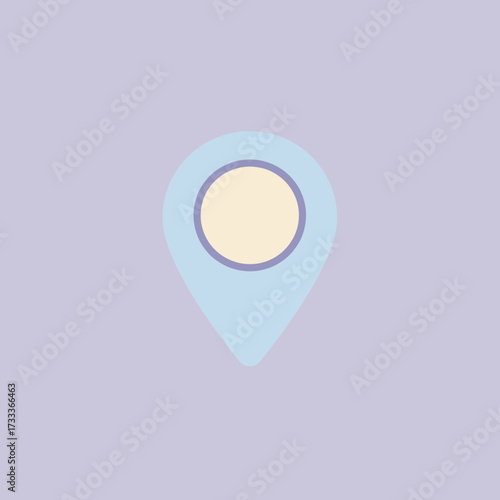 A simple, flat, pastel blue location pin icon with a pale yellow circle in the center on a light purple background, representing navigation and places