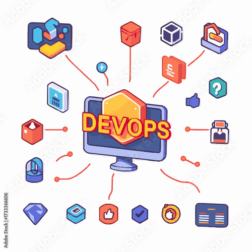 Dev Ops concept with computer and surrounding icons on white background 