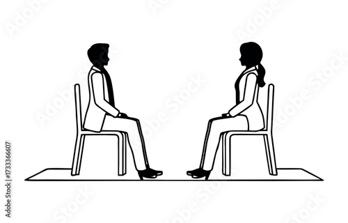 Business Meeting and Team Collaboration Line Art. Black and White Vector Illustration of Professionals Seated Around a Conference Table for Discussion and Strategy