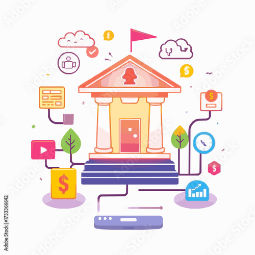 Banking and finance concept with building icon and surrounding elements