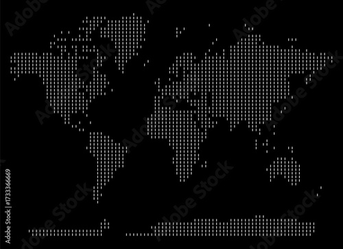 Rectangular vertical vector world map. Vertical rectangular shape word map with continents and countries in pixelated halftone. Abstract atlas background for world geography and globe design.