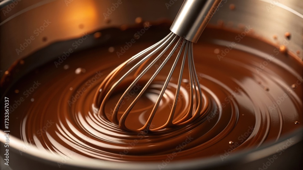 Fototapeta premium Close up of a metal whisk blending rich glossy molten chocolate in a stainless steel bowl creating swirls