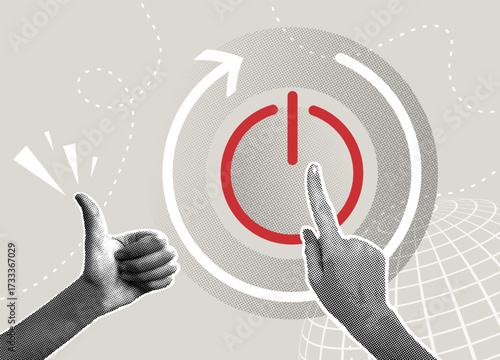 A trendy halftone collage. Activating the power button, rebooting. Concept rebooting a business, starting a new path, changing the concept to improve results.
