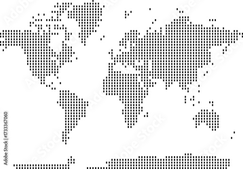 Rectangular vertical vector world map. Vertical rectangular shape word map with continents and countries outline in pixel halftone dots. Abstract atlas background and global geography design.