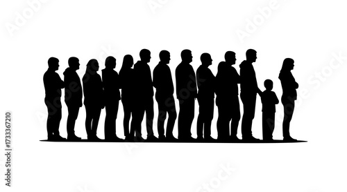 Silhouette of people standing in a queue on white background. diverse people.