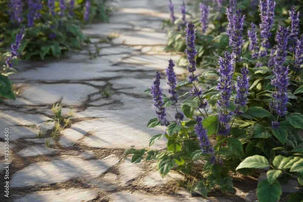 Obraz premium Lush Purple Flowers Along Cracked Pathway Surrounded by Vibrant Green Leaves in Natural Environment
