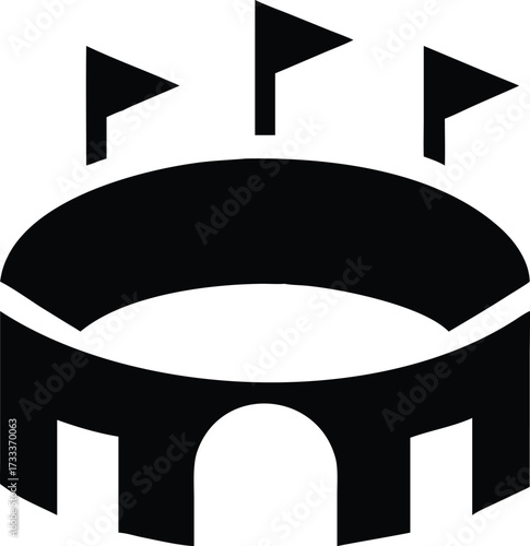 Black and white icon of a stadium with flags