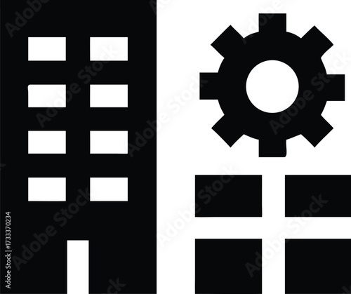 Building icon with gear and windows, representing business and industry