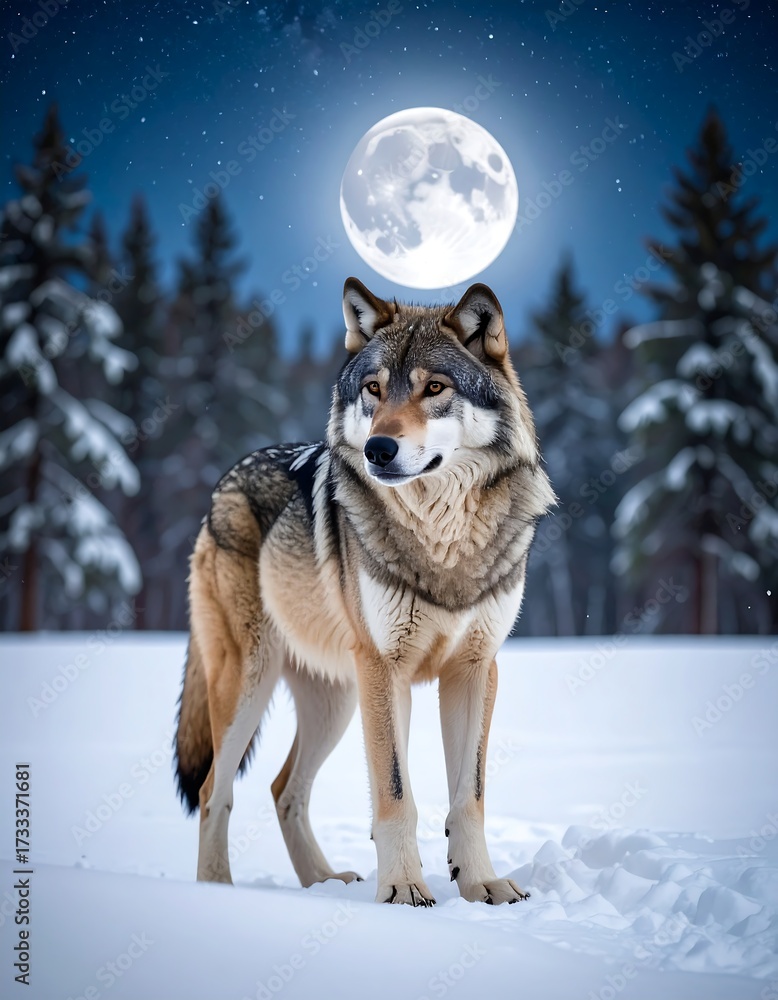 Naklejka premium Majestic wolf under a full moon
