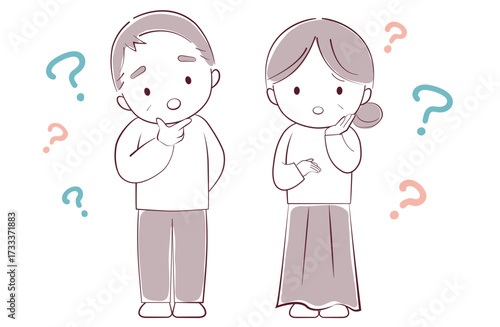 疑問を抱いているシニア夫婦のイラスト