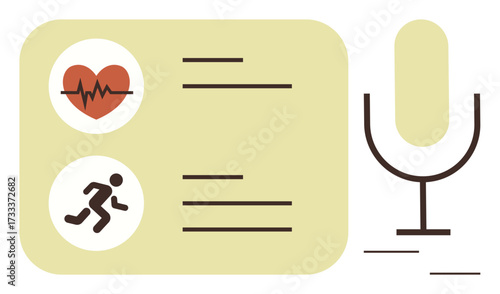 Heartbeat and fitness tracking data on panel beside microphone outline for voice control. Ideal for health tech, fitness apps, smart devices, monitoring, data visualization, healthcare, minimalist