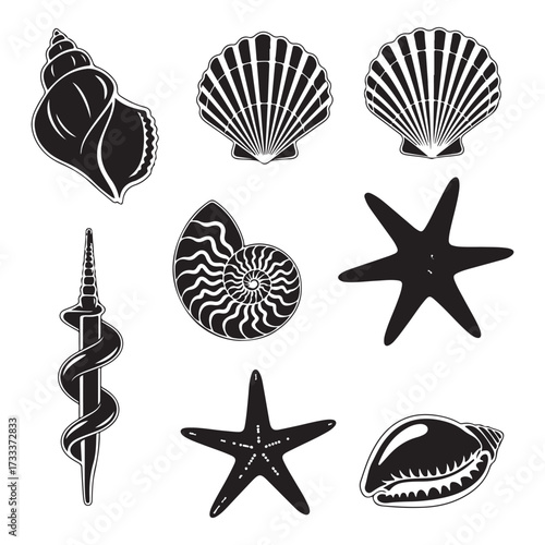Set of different black sea shells and starfish silhouette vector illustration.
