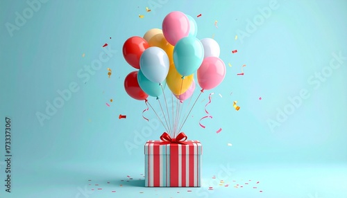 Festive gift box with colorful balloons and confetti on blue background