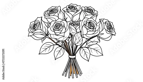 Black and white line art of a rose bouquet