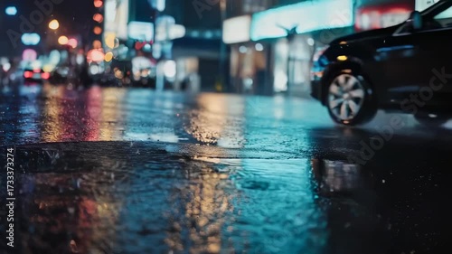 Wallpaper Mural Nighttime City Street Scene with Splashing Water Reflection and Car Wheel Movement Torontodigital.ca