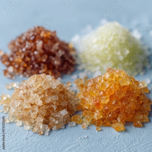Natural granular sweeteners in crystal form arranged on clean white surface showcasing healthy food alternatives and diet nutrition ingredients for wellness.