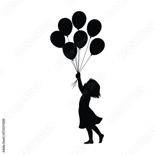 Silhouette of a child holding a bunch of balloons against a white background