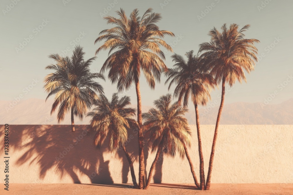 Obraz premium Lush Palm Trees Casting Shadows Against a Sandy Wall in a Serene Desert Landscape at Sunset