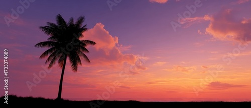 Serene Silhouette of a Palm Tree Against a Vibrant Sunset Sky with Colorful Cloud Patterns and a Calm Horizon