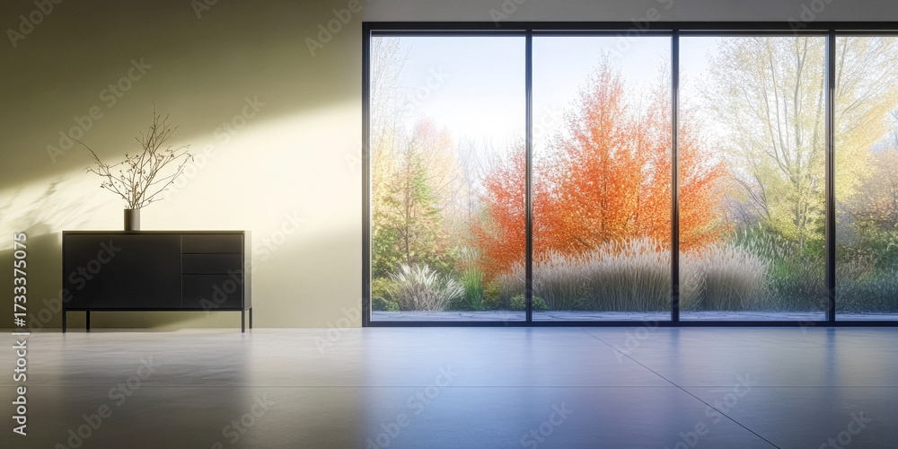 Fototapeta premium Warm autumn colors fill a modern living room with large windows overlooking a vibrant garden landscape