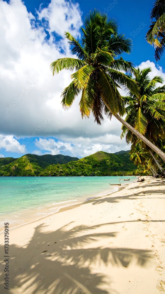 Obraz premium Tropical beach scene under a partly cloudy sky