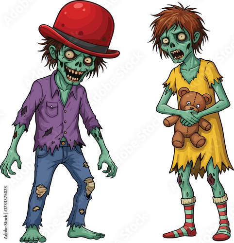 Cartoon zombie characters, creepy undead children, scary monster illustration, Halloween artwork, spooky fantasy design, tattered clothes, horror drawing, playful grotesque style
