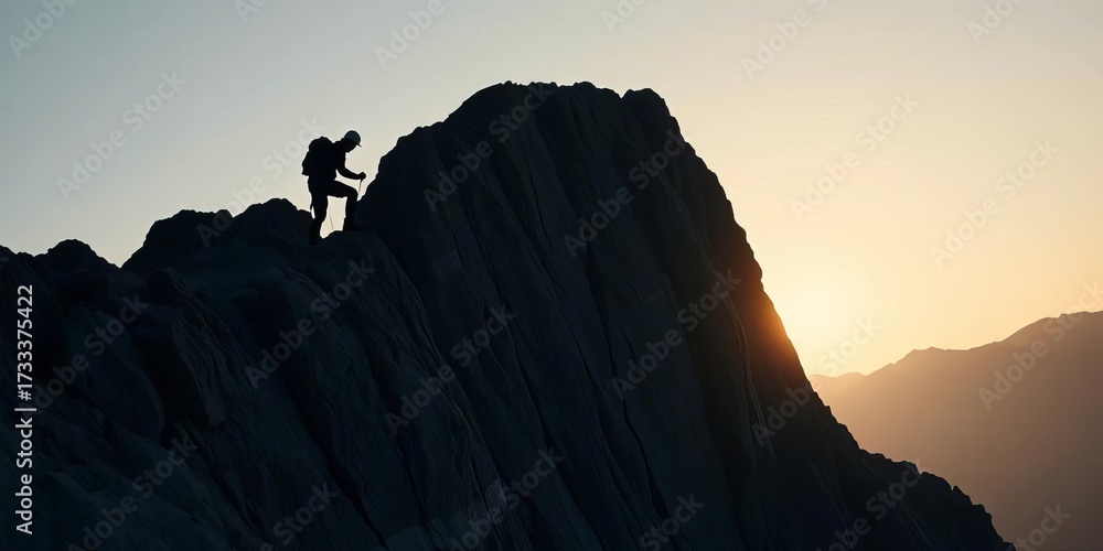 Fototapeta premium Silhouette of a climber ascending a steep, rocky cliff, fear, exploration