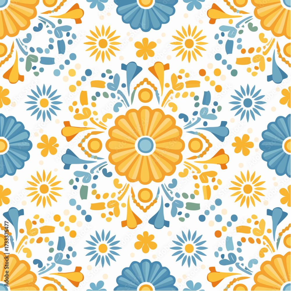 Fototapeta premium A seamless Mexican papel picado pattern with festive cut-paper motifs. Perfect for party graphics, seasonal decorations, and celebratory branding.