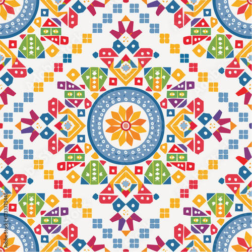 A seamless Mexican Huichol beadwork pattern with intricate geometric motifs. Ideal for textiles, wallpapers, and cultural artisan branding.
