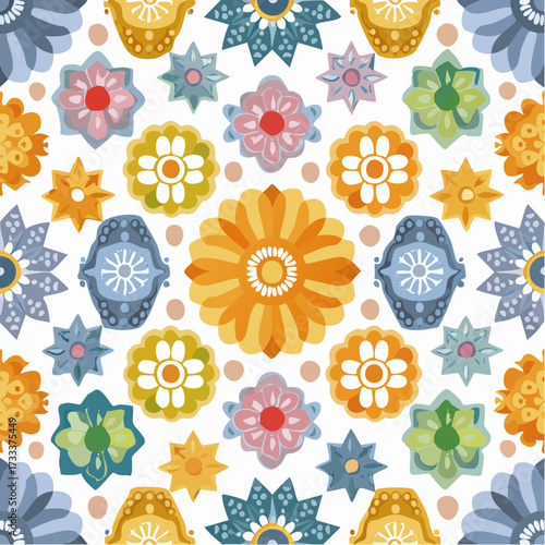 A seamless Mexican papel picado pattern with festive cut-paper motifs. Perfect for party graphics, seasonal decorations, and celebratory branding.