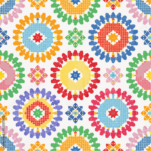 A seamless Mexican Huichol beadwork pattern with intricate geometric motifs. Ideal for textiles, wallpapers, and cultural artisan branding.