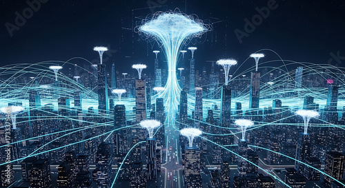 Wallpaper Mural 3D futuristic city data network cloud visualization Torontodigital.ca