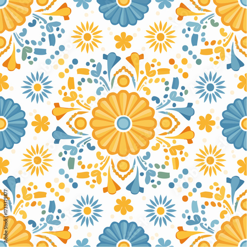 A seamless Mexican papel picado pattern with festive cut-paper motifs. Perfect for party graphics, seasonal decorations, and celebratory branding.