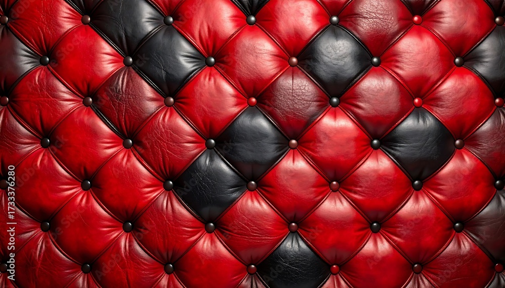 Naklejka premium Close-up of a luxurious, tufted upholstery pattern. Alternating squares in vibrant red and deep black, accented by dark buttons