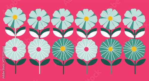 Retro mid century modern floral pattern with light blue and teal flowers on a hot pink background.