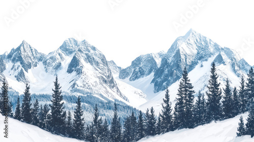 Snowy mountain range with pine trees isolated on transparent background